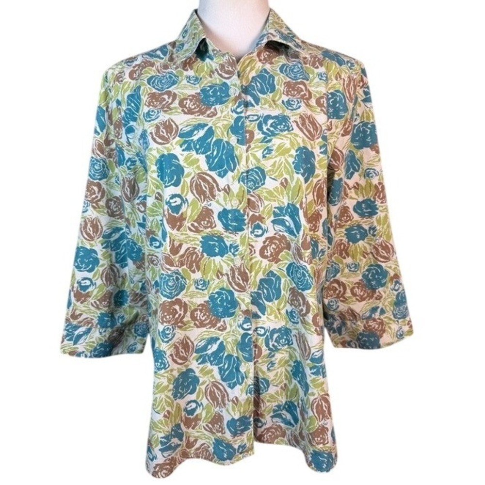 Foxcroft Wrinkle Free Shaped Fit Floral Rose Button Down Shirt Blue Green Sz 16